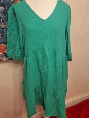 Ronni Nicole Teal V-Neck Tiered Crinkle Dress